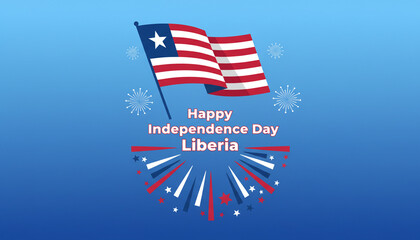 Happy Liberia Independence Day Celebration with Waving National Flag and Fireworks