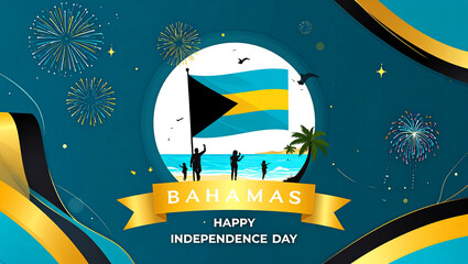 Happy Bahamas Independence Day Celebration on Tropical Beach with People Waving Flags