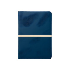 Professional dark blue leather notebook with textured cover and beige elastic band closure, ideal for office stationery, journaling, or business planning, isolated with shadow.