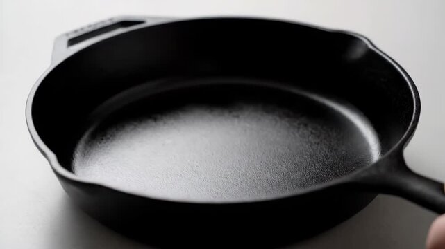 Person holding a new black cast iron skillet on a clean white background. Kitchen cookware and utensils for frying and cooking. Minimalist product presentation for advertising