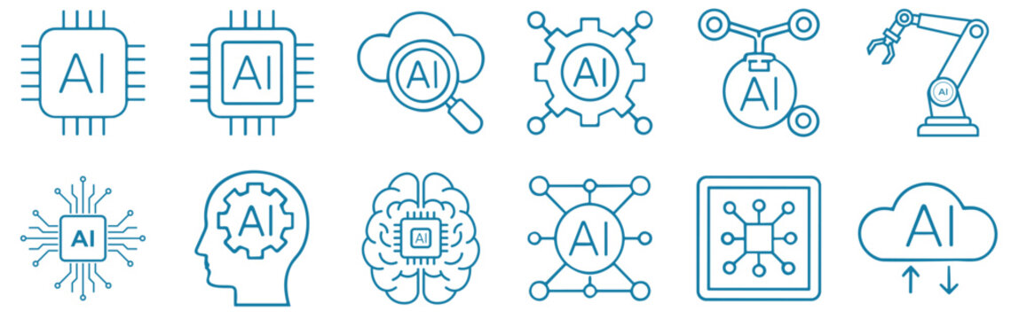 Artificial intelligence technology icon set, neural network, machine learning, robotics and cloud computing line vector collection on transparent background