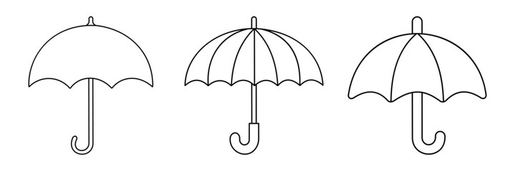 Set of black umbrella silhouettes vector isolated on white background. Various open rain umbrellas icons for protection, weather, and safety concept.