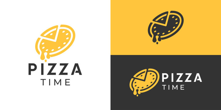 Creative simple pizza time logo template. Abstract clock with slice pizza, fast food logo design vector illustration.