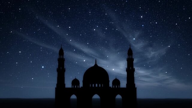 Silhouette Islamic Mosque Under Starry Night Sky, Ramadan & Eid Celebration Background