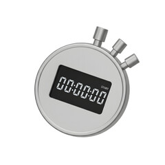Realistic 3D silver metallic digital stopwatch with a black LCD screen displaying zero time, featuring three control buttons and a start label, isolated on a transparent background.