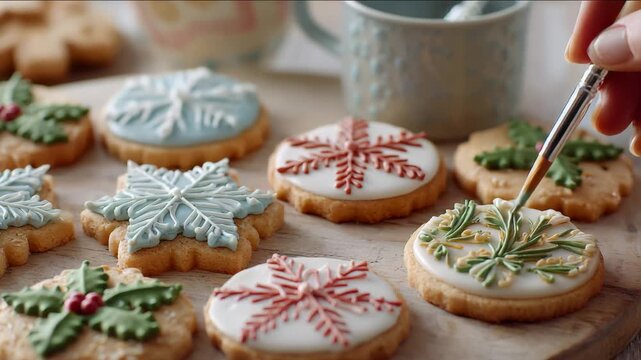 Hand decorating festive holiday cookies with icing on rustic wooden table surface. Christmas cookies being decorated with royal icing piping snowflakes and holly leaves