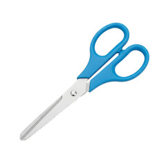 Professional stainless steel scissors with ergonomic blue plastic handles, essential office supplies for precision cutting, crafting, and school work, isolated on a transparent background.