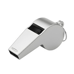 Shiny silver metal whistle with a keyring attachment, ideal for a sports referee or coach, isolated on a transparent background for professional athletic and competition design projects.