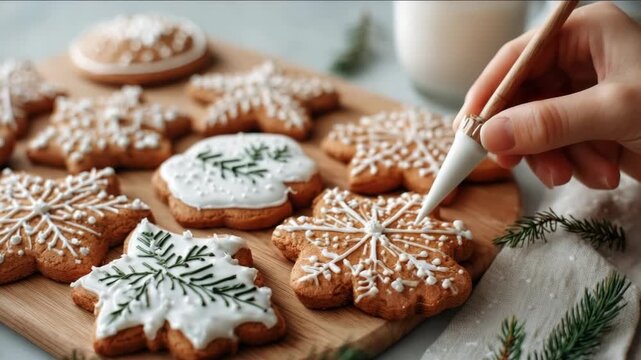 Hand decorating festive holiday cookies with icing on rustic wooden table surface. Christmas cookies being decorated with royal icing piping. snowflakes and holly leaves