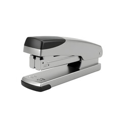 Professional silver metal stapler with ergonomic black plastic grip, a durable and essential office stationery tool for binding paper documents, isolated on a transparent background.