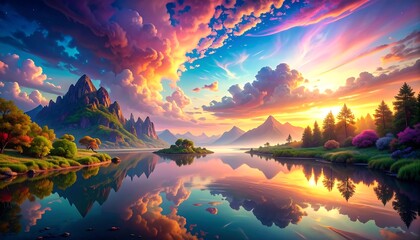 A vibrant, colorful landscape of mountains reflected in a tranquil lake under a dramatic, painted sky