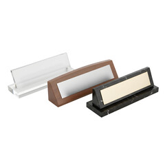 Three professional desk nameplates crafted from clear acrylic, polished wood, and black marble with blank gold and silver plates, perfect for office accessories and personalized executive gifts.