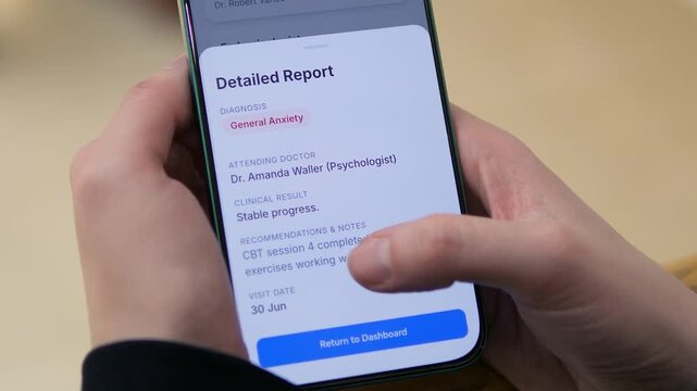 Digital report showing general anxiety diagnosis and CBT therapy progress. Perfect for online counseling, mental health awareness, and telemedicine projects. Modern, relatable footage for healthcare