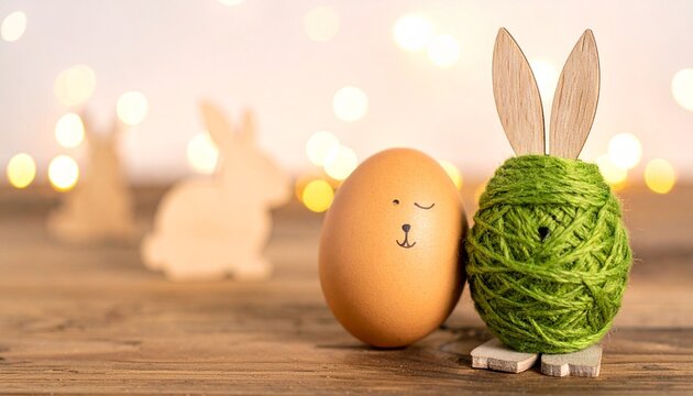 "Brown egg with drawn face beside green yarn bunny on festive wooden surface."