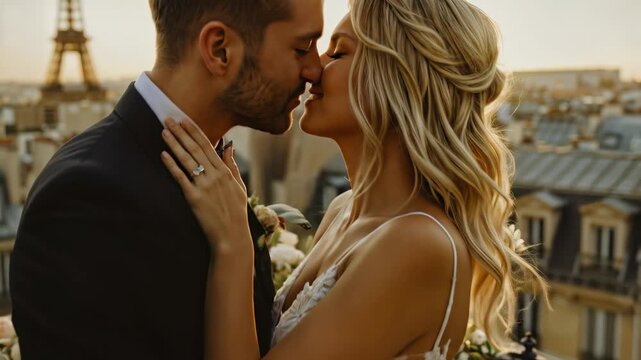 Romantic newlywed couple kissing on a Parisian balcony at sunset with the Eiffel Tower in the background