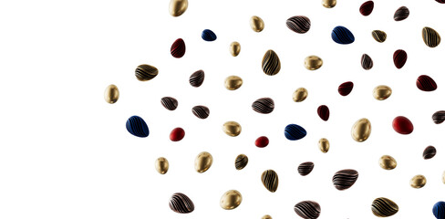Decorative Easter eggs scattered on a white background, perfect for holiday greetings, decorations, and seasonal themes. © vegefox.com