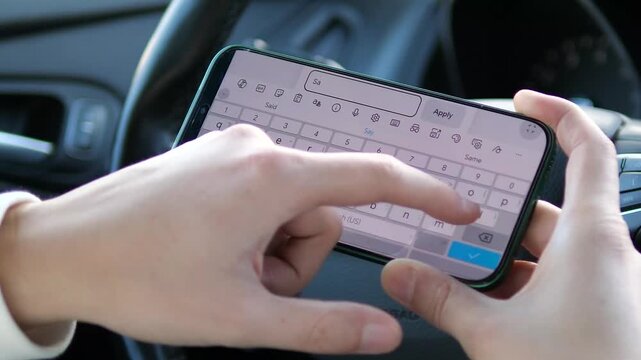 Modern mobile shopping on the go. Closeup of a person typing a discount code in an ecommerce app inside a vehicle. Trendy UI or UX design for electronics. Essential for marketing, app promos, and