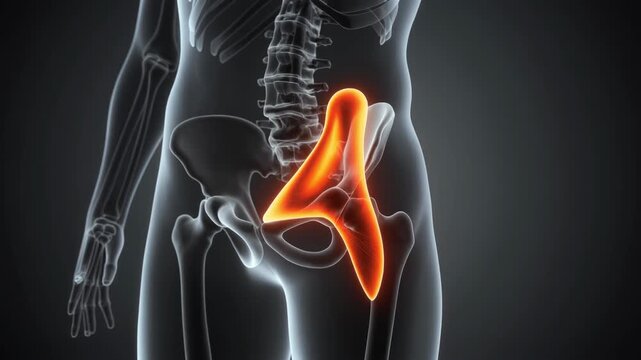 3D rendering of human pelvis anatomy with highlighted ilium bone.