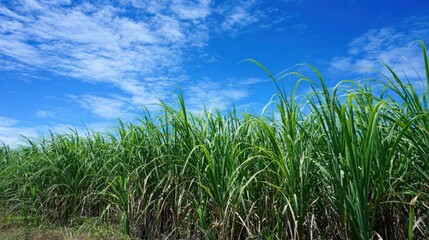 Fototapeta premium Vibrant sugarcane stalks stretch tall towards a clear blue sky dotted with fluffy white clouds. The field offers a picturesque view of agricultural beauty in a serene setting.
