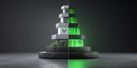 3D balance sheet split showing green asset tower versus liabilities blocks, clean divider line, studio lighting detail.