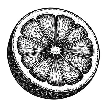 Hatchwork half orange. Segments radiate from center. Shaded rind. Detailed