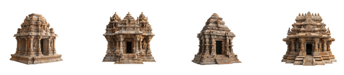 Fototapeta premium Miniature models of ancient stone Hindu temples with intricate carvings and traditional Indian architecture isolated on transparent background