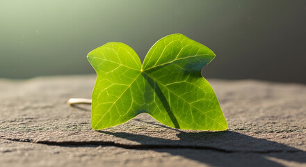 Lush green ivy leaf lying on stone surface with dramatic shadow and sunlight