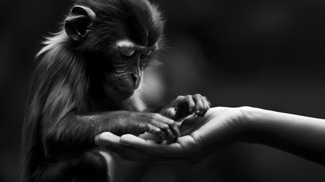 Black and white close-up of a small monkey reaching out to touch a human hand in a moment of connection and trust.