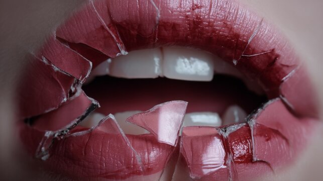 Broken Beauty: An Artistic Close-Up of Lips with Cracked Pink Lipstick and Exposed Teeth, Capturing the Duality of Fragility and Strength in a Striking Visual