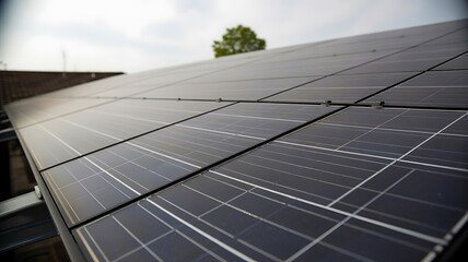 Obraz premium Close up view of black and gray solar panels on a rooftop with a tree in the background photovoltaic