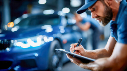 Fototapeta premium Auto mechanic writing service report on clipboard beside modern car in repair shop, shallow depth of field