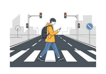 Modern person walking across crosswalk city street using mobile phone with traffic signals above street urban transportation concept