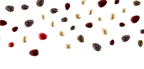 Artistic composition of elegant floating eggs in gold, red and striped pattern against a white background. Perfect for d