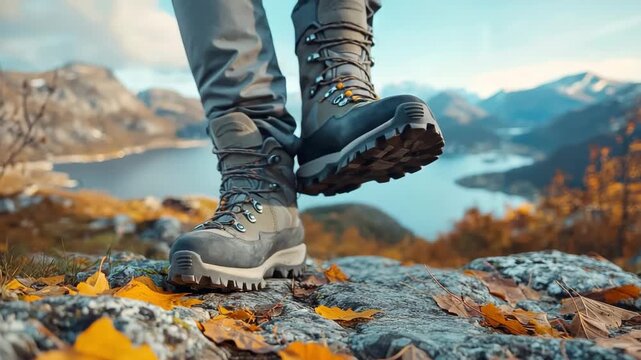 Enjoying hiking with sturdy boots on a mountain path near a lake in autumn light