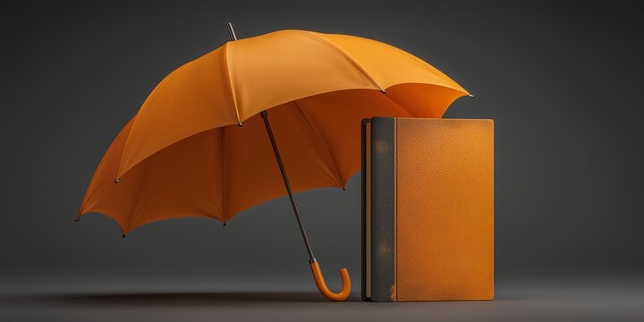 Photoreal 3D insurance concept showing liability umbrella protecting company from claims, contract folder, clean studio lighting.