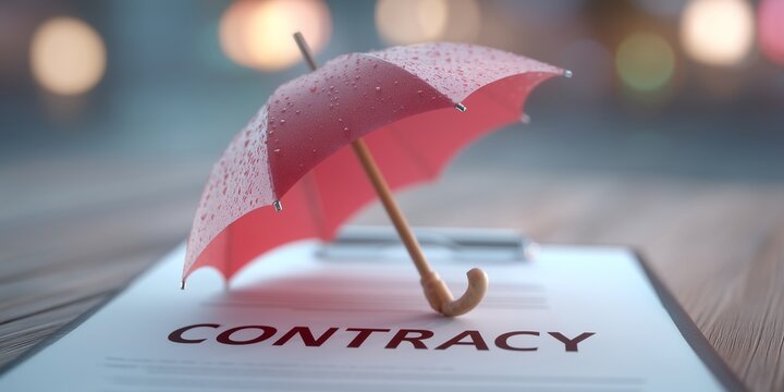 Photoreal 3D insurance concept showing liability umbrella protecting company from claims, contract folder, clean studio lighting.