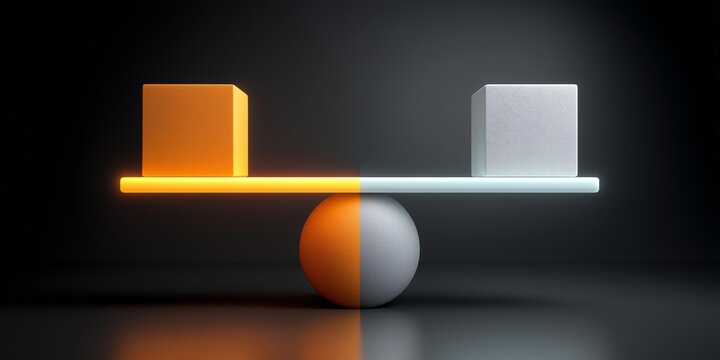 3D balance sheet split showing assets tower versus liabilities blocks, glowing divider line, clean studio lighting detail.
