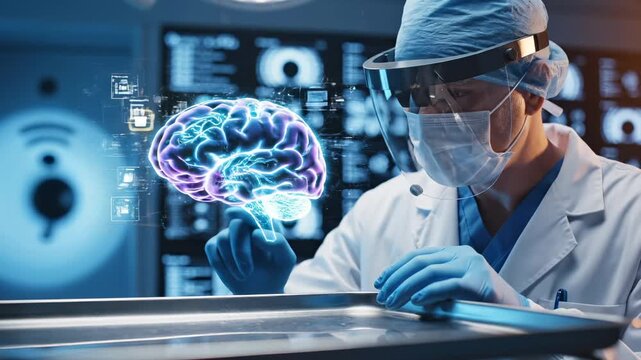 Surgeon examines holographic brain model in operating room. Doctor studies digital brain hologram before surgery. Neurosurgeon analyzes brain hologram in hospital. Brain model displayed in surgical