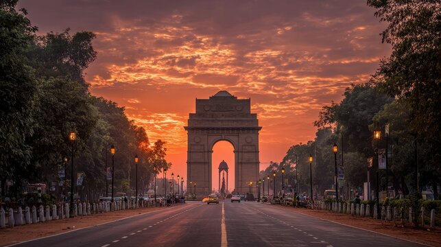 India Gate monument at sunset with a dramatic orange sky and the Rajpath road leading to it in New Delhi, India