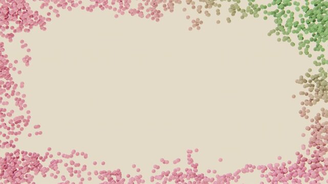 Horizontal 3D abstract particles dots spheres frame border background copyspace loop animation invitation template mockup banner poster branding, pastel pink green beige bokeh confetti spring