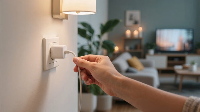 Close up of a hand plugging a white phone charger into a wall power outlet on a wall.