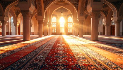 Obraz premium Sunlit interior of a grand mosque with intricate arches and pillars, beautiful patterned carpets, and golden rays of light streaming through stained glass windows
