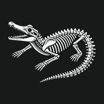 Detailed Alligator Skeleton Illustration on Black Background Anatomical Study.