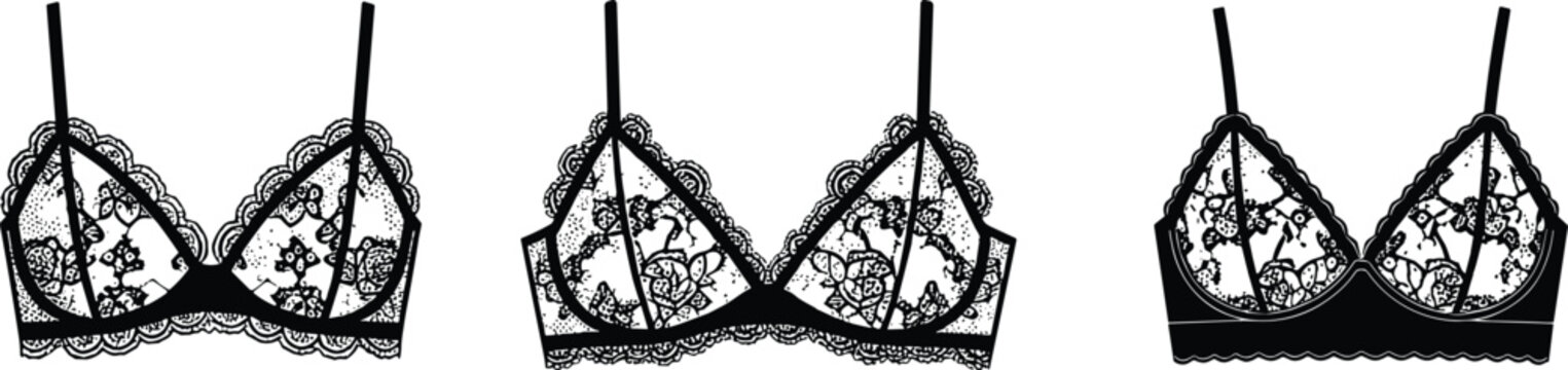 Set of technical fashion sketches of lace bra silhouettes featuring various intricate floral patterns and delicate underwire lingerie designs