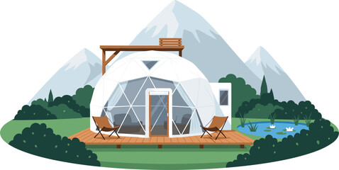 Modern Glamping Dome in Mountain Landscape – Luxury Camping Vector Illustration © Firoz