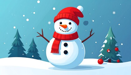 A jolly snowman with a carrot nose and twig arms is wearing a red hat and scarf, with pine trees and falling snow