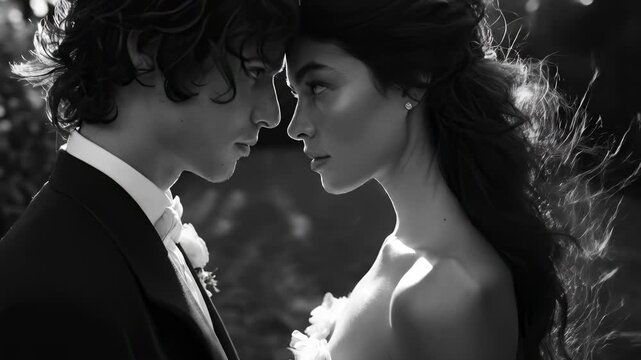 Black-and-white portrait of bride and groom outdoors