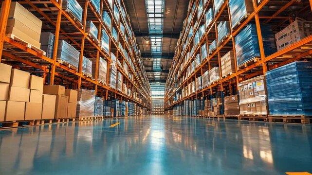 Empty warehouse with stacked boxes and pallets in organized rows during mid-day