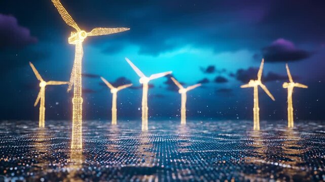 Digital wind turbines glow on circuit board grid. Renewable energy technology with wind farm. Turbines stand on digital surface. Wind power meets technology. Blue sky above energy windmills.