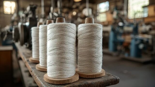 Spools of thread displayed on a wooden shelf in a workshop with machines in the background